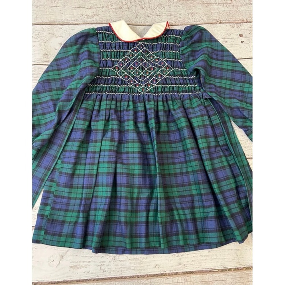 Vintage Polly flinders size 4 green and navy smocked vintage dress